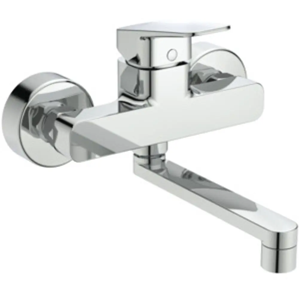 Chromfarbene Wand-Küchenarmatur von Ideal Standard mit einarmigem Hebel und langem Auslauf, an der Wand montiert.